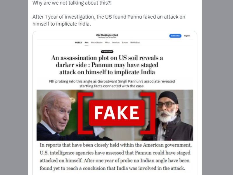 Screenshot of the social media post claiming that the Washing Post published an article claiming that Gurpatwant Singh Pannun may have staged attack on himself.